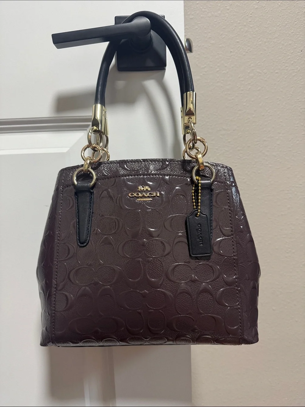 Coach Patent Leather Satchel in Deep Plum with Black Handles